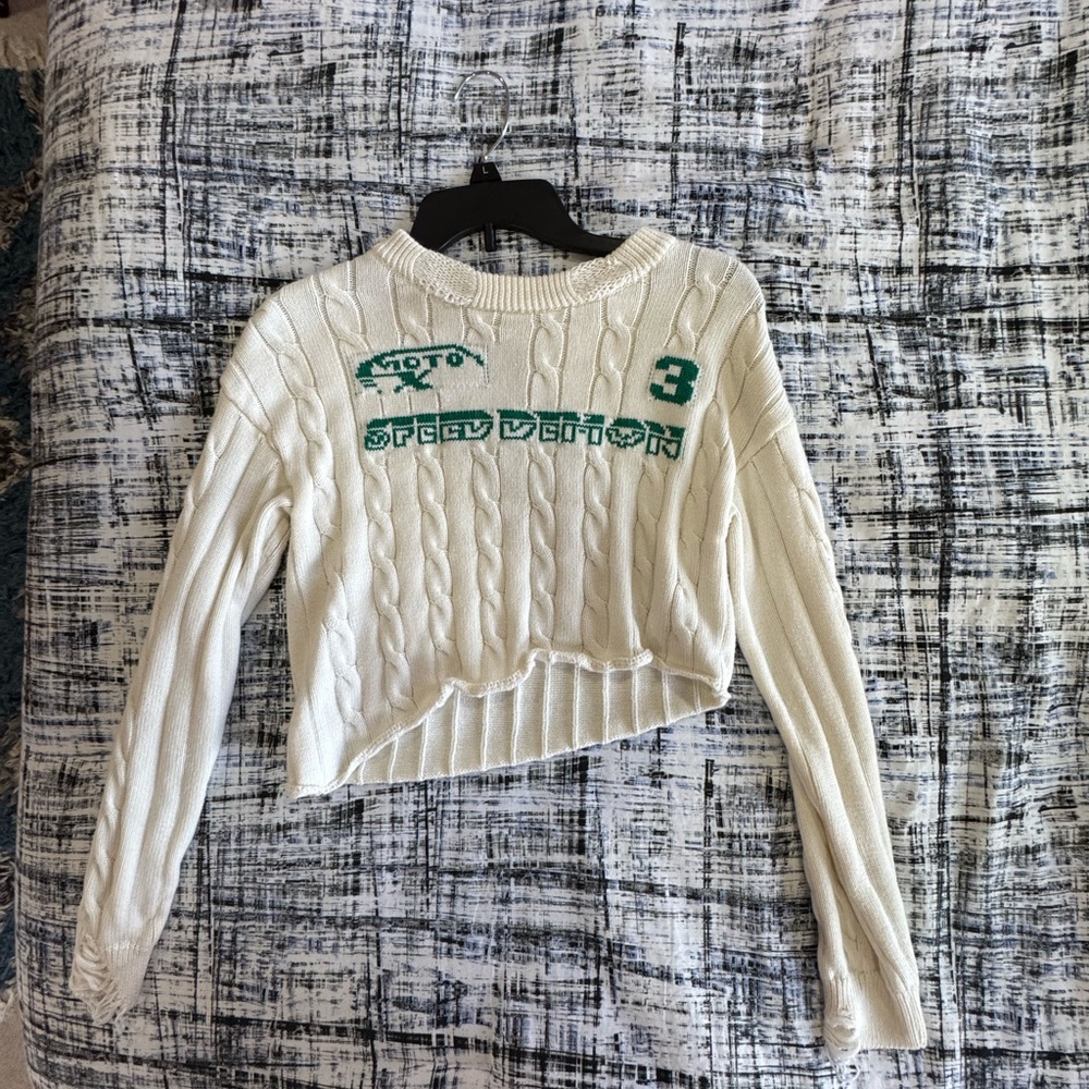 Urban Outfitters White Asymmetrical Cable Knit Sweater with Green Logo